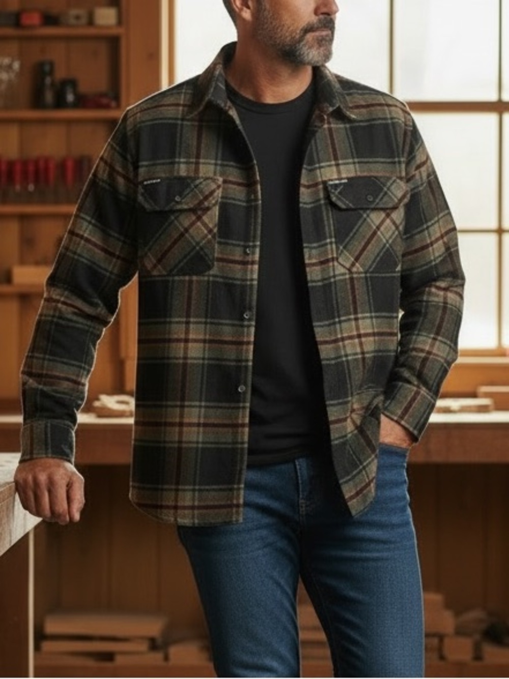 Howitzer We The People Men’s Plaid Flannel Shirt Black Gray Orange Military XL